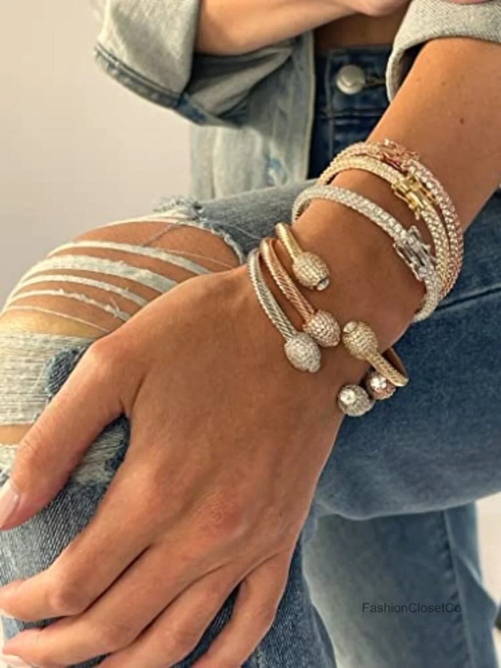 18K Gold Plated Crystal Cable Bangle Bracelet - Cuff Bangle